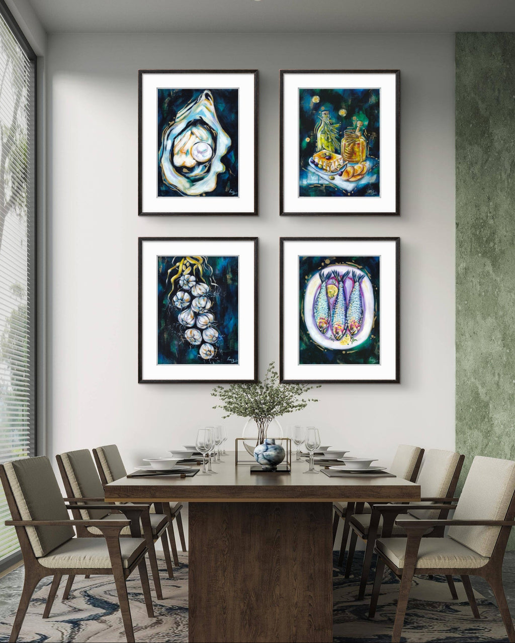 Dining room with a wooden table and chairs, and four framed  Luna Burlo artworks on the wall.