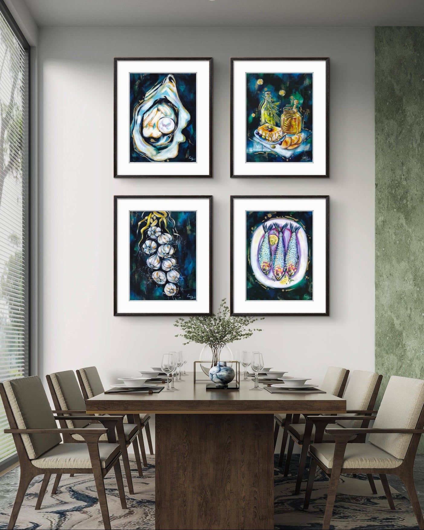 Dining room with a wooden table and chairs, and four framed  Luna Burlo artworks on the wall.