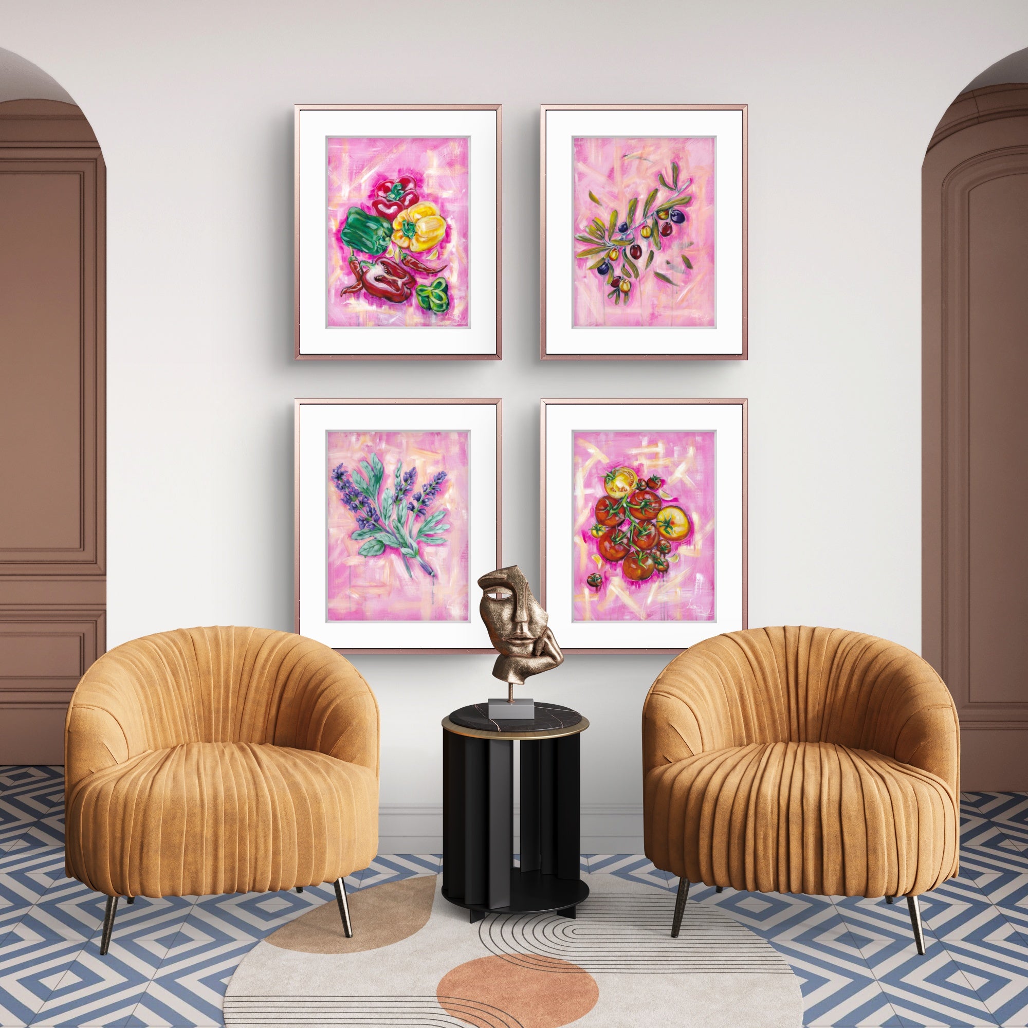 Two brown armchairs in a room with framed floral Luna Burlo artwork on the wall.
