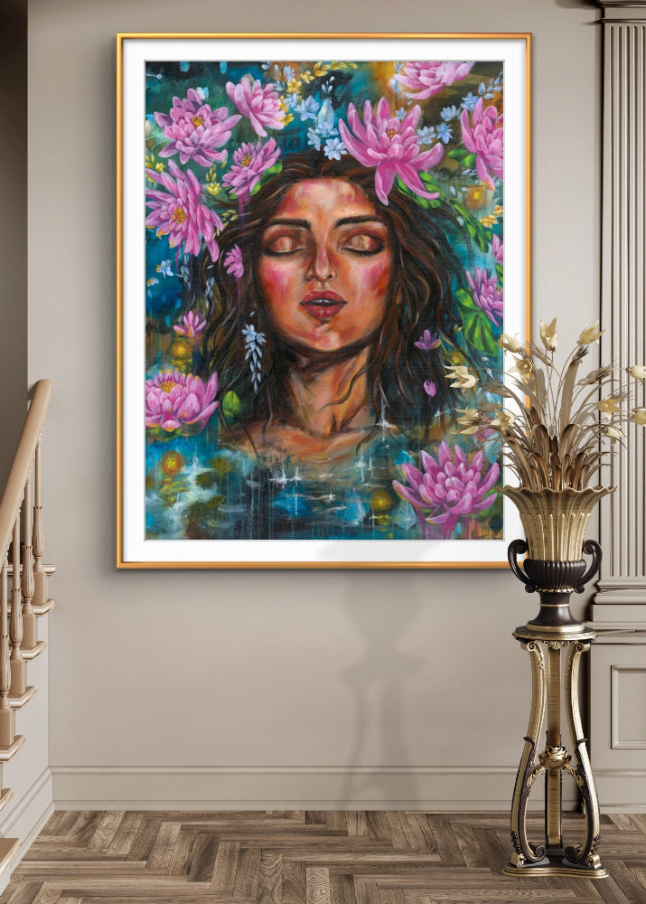 Framed artwork of a woman with flowers in a room with a staircase and decorative vase.
