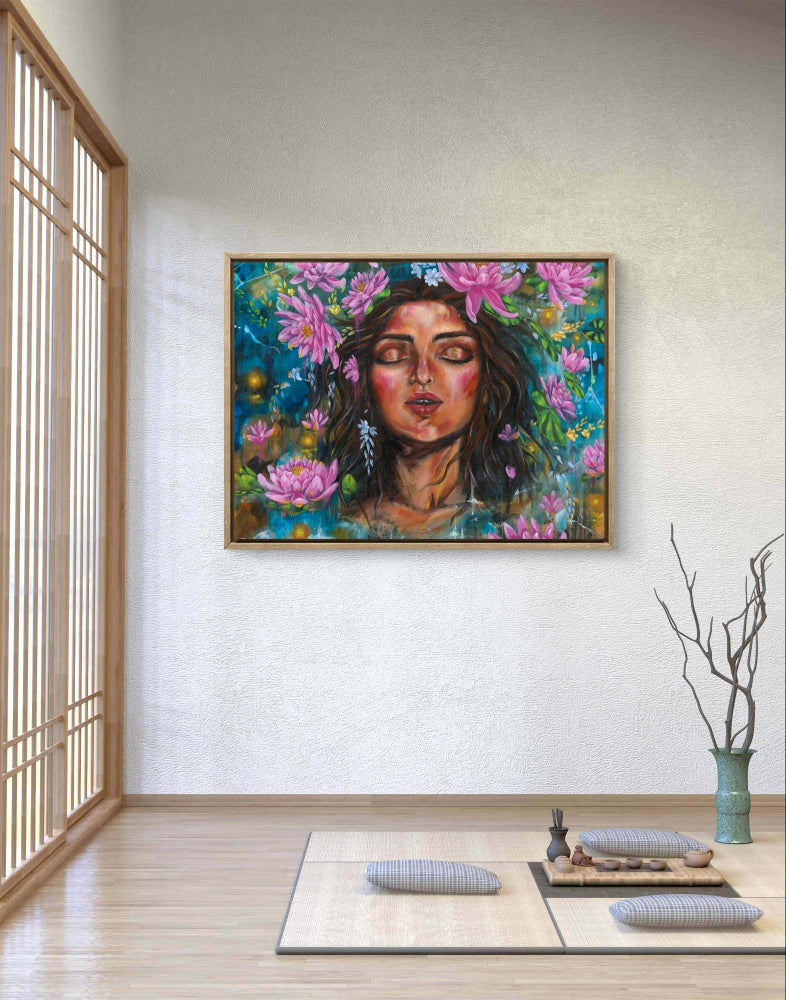 Colorful painting of a woman with flowers in a minimalistic room.