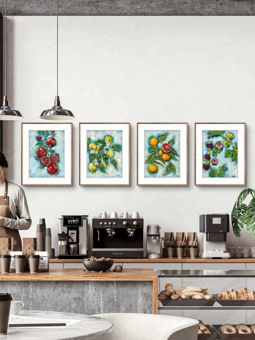 Modern kitchen with framed Luna Burlo from the Mediterranean Table artwork set on the wall