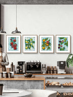Modern kitchen with framed Luna Burlo from the Mediterranean Table artwork set on the wall