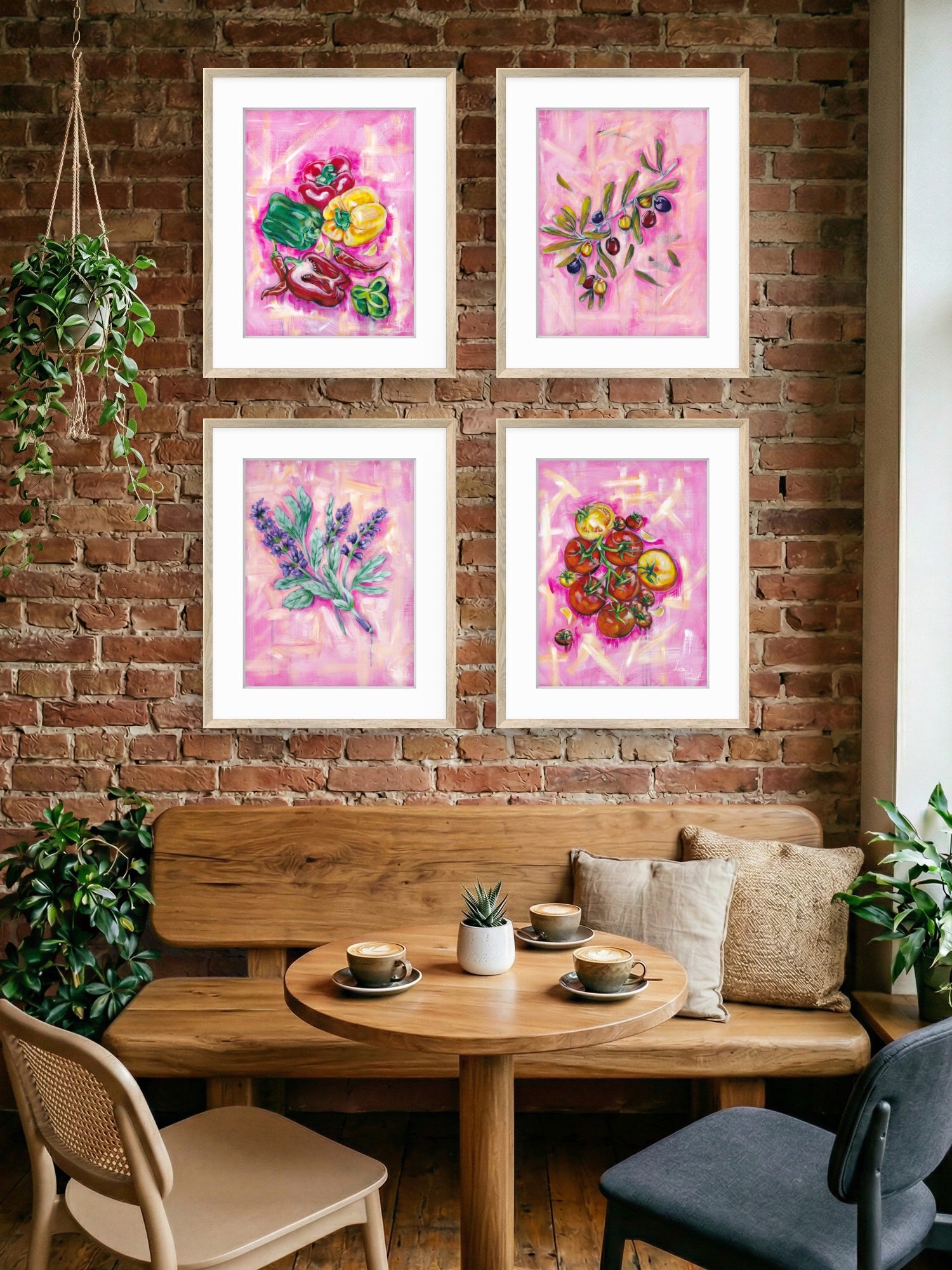 Four Luna Burlo kitchen art paintings on a brick wall above a wooden dining area with plants and chairs.