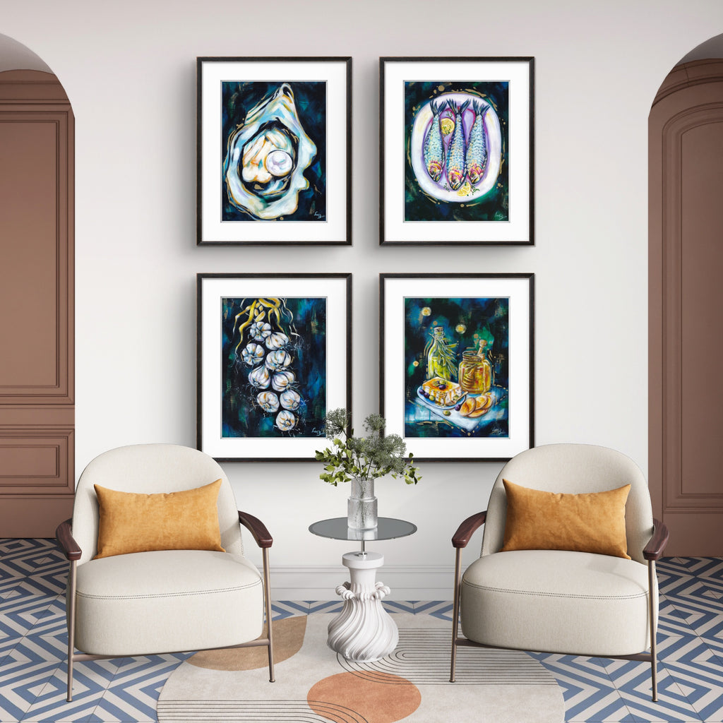 Modern living room with Luna Burlo abstract art on the wall and two armchairs.