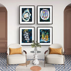 Modern living room with Luna Burlo abstract art on the wall and two armchairs.