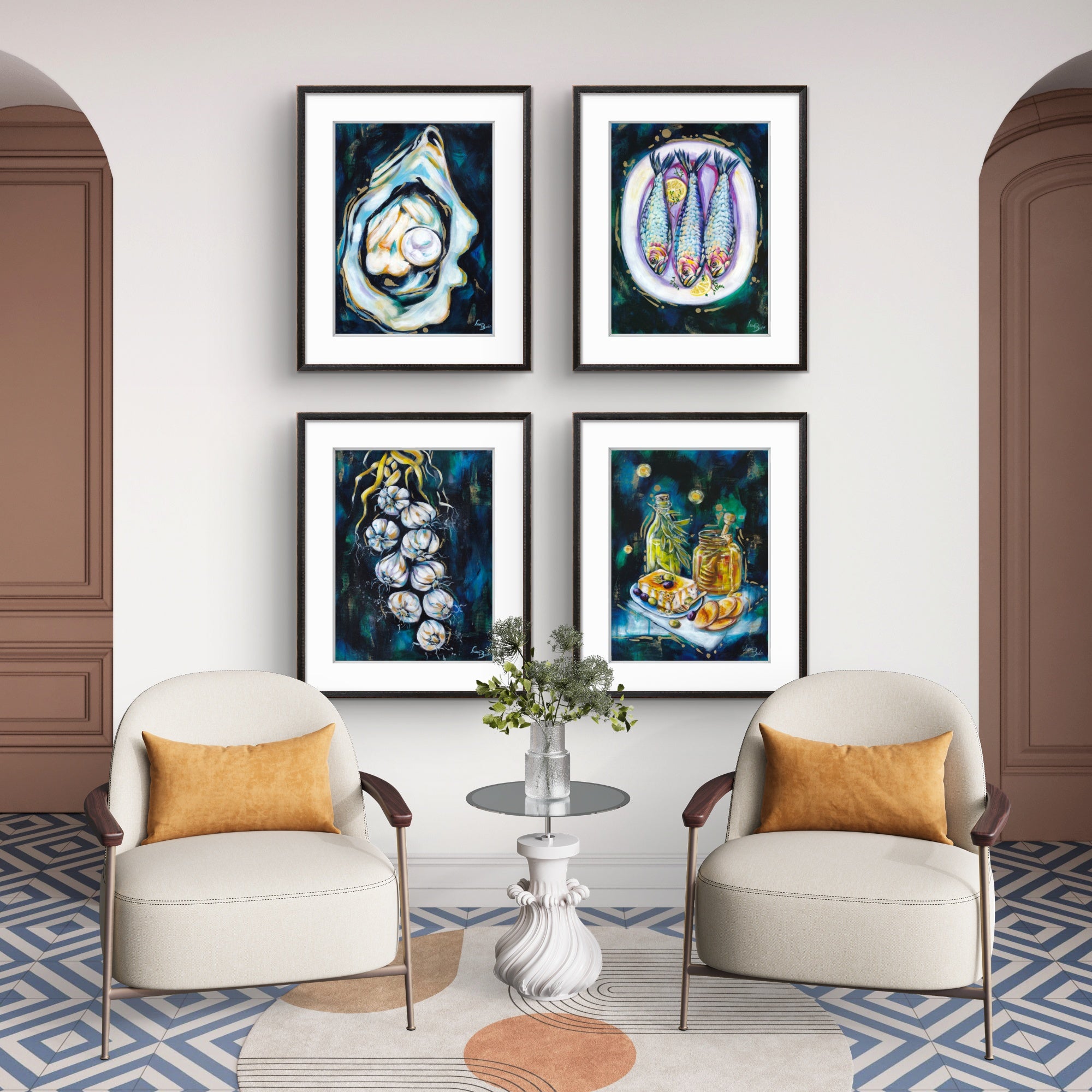Modern living room with Luna Burlo abstract art on the wall and two armchairs.