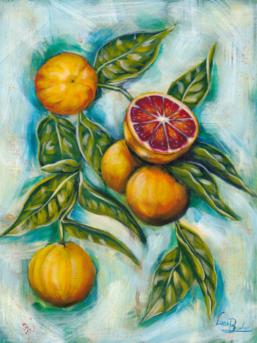 Painting of blood oranges with green leaves on a textured turquoise background Luna Burlo