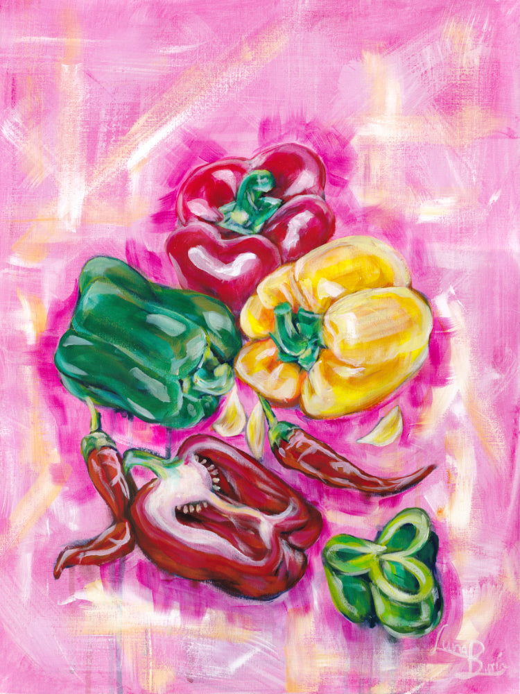 Colorful Luna Burlo painting of capsicum peppers on a pink abstract background
