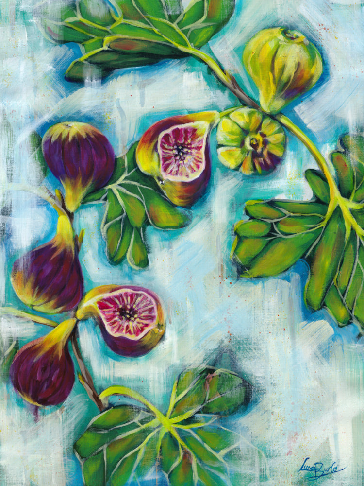 Colorful Luna Burlo painting of figs and leaves on a textured background