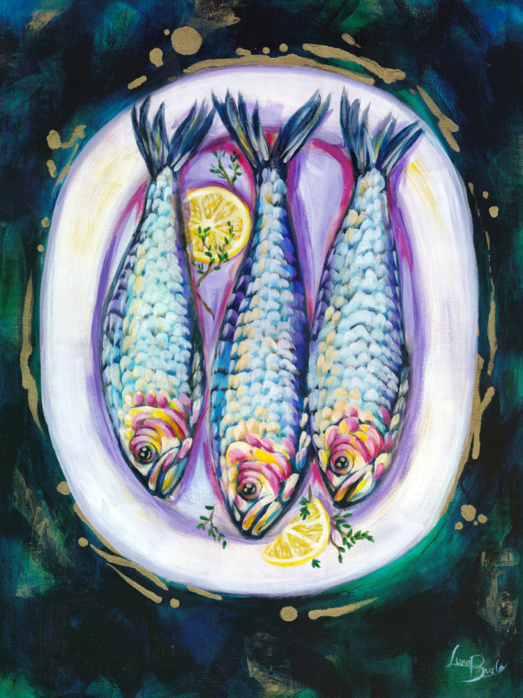 Luna Burlo painting of three sardines on dark blue-black background