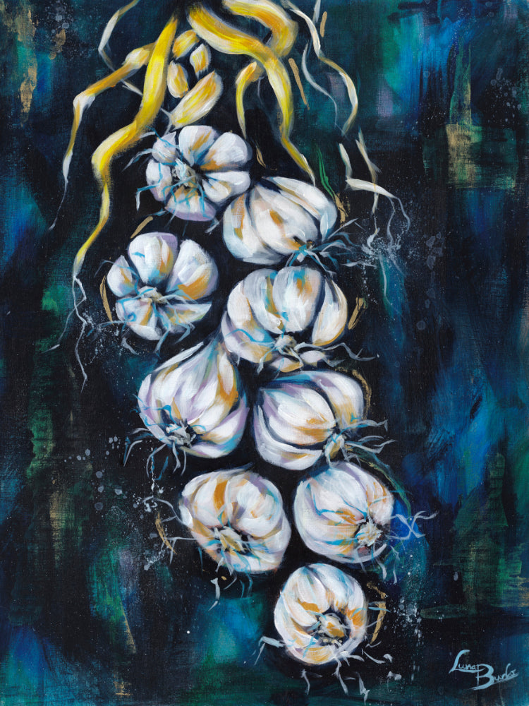 Artistic depiction of garlic bulbs on a dark background by Luna Burlo