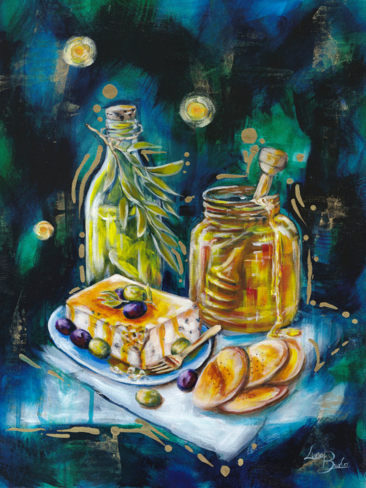 Painting of a table setting with Maltese Galletti, fruit, honey, and olive oil. By Luna Burlo