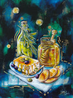 Painting of a table setting with Maltese Galletti, fruit, honey, and olive oil. By Luna Burlo