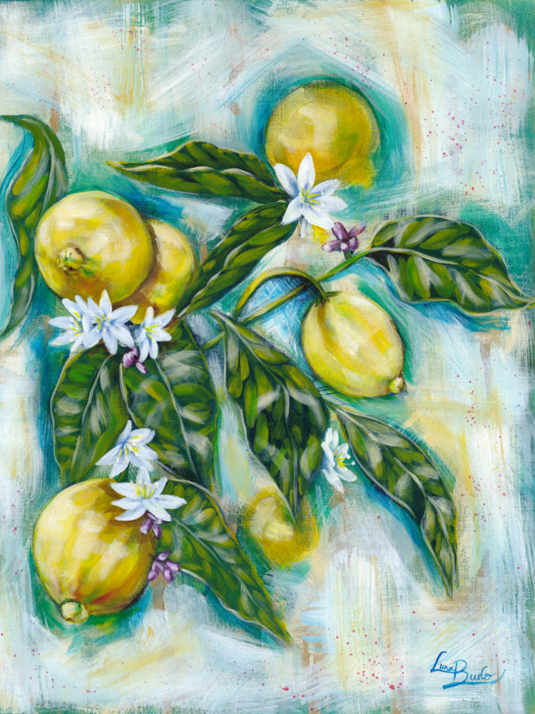 Painting of lemons and green leaves with white flowers on a textured background by Luna Burlo