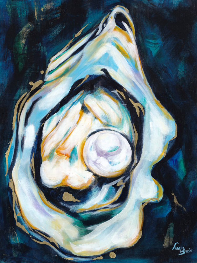 Artistic depiction of an oyster with a pearl on a dark background by Luna Burlo