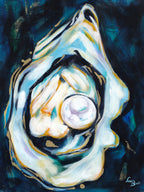 Artistic depiction of an oyster with a pearl on a dark background by Luna Burlo