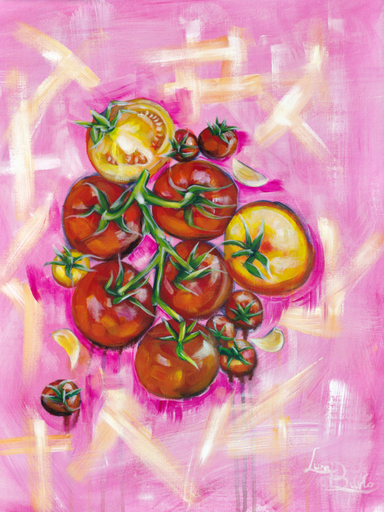 Artistic depiction of tomatoes on a pink background by Luna Burlo