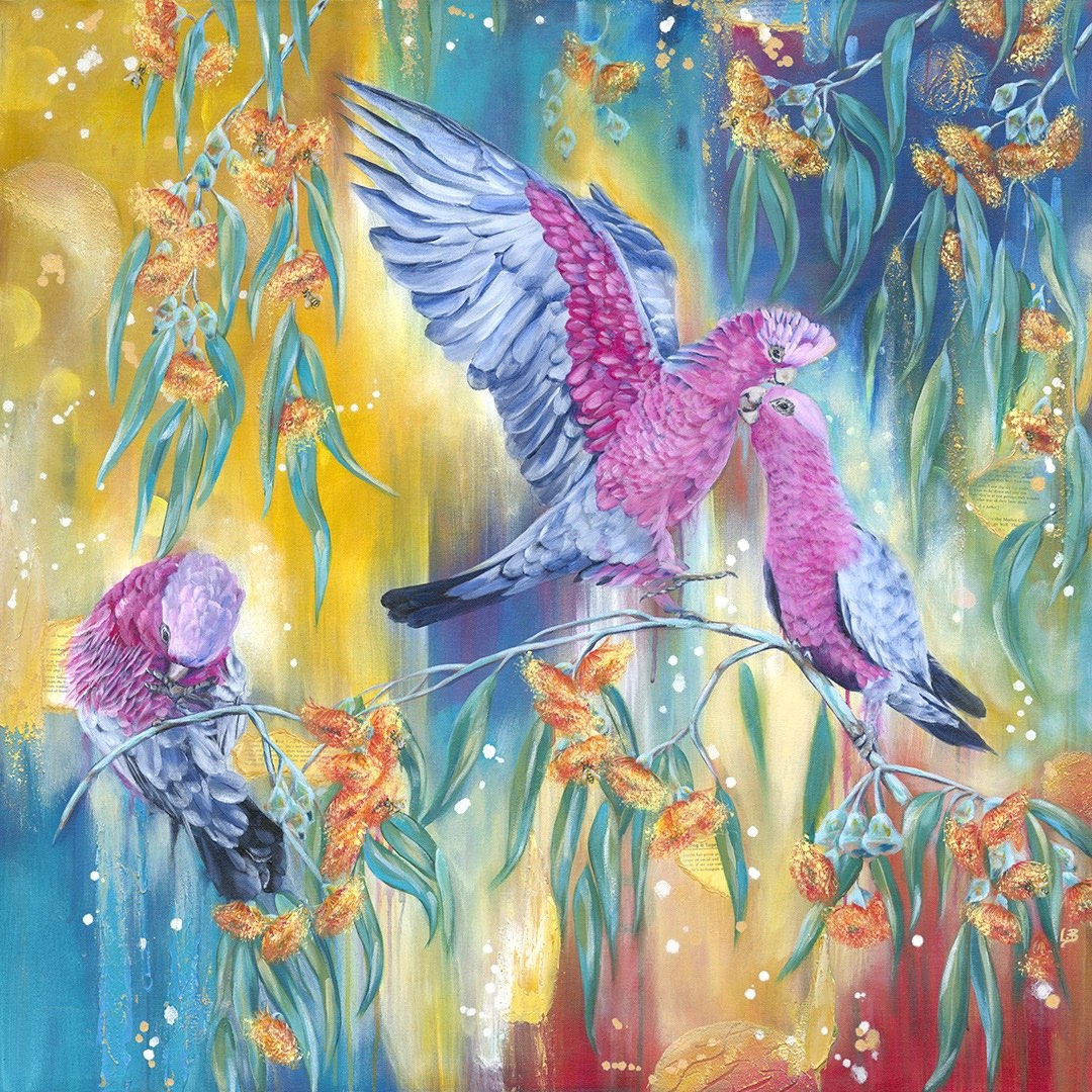 Colorful native AUstralian birds, Galahs, perched on eucalyptus branches with  orange blossoms / flowers in a vibrant, abstract background, using red, yellow /gold, and blue colours. Artwork by Luna Burlo, Melbourne, Australia