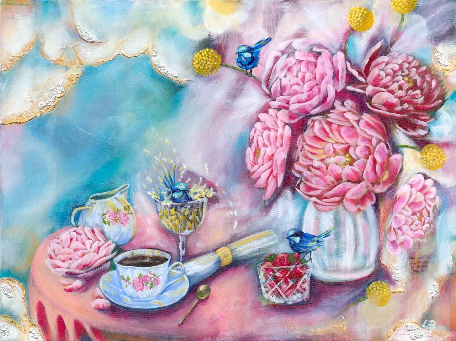 Colorful still life painting with pink peony flowers, tea set, and native Australian fairy wren birds on a pastel  pink and blue background. Artist, Luna Burlo, Melbourne, Australia