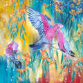 Colorful original mixed media painting  "Blush in the Branches" of two pink Australian native galah parrots on a gum tree branch with eucalyptus blossom flowers and leaves. Artwork by Luna Burlo, Melbourne, Australia