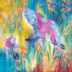Colorful original mixed media painting  "Blush in the Branches" of two pink Australian native galah parrots on a gum tree branch with eucalyptus blossom flowers and leaves. Artwork by Luna Burlo, Melbourne, Australia