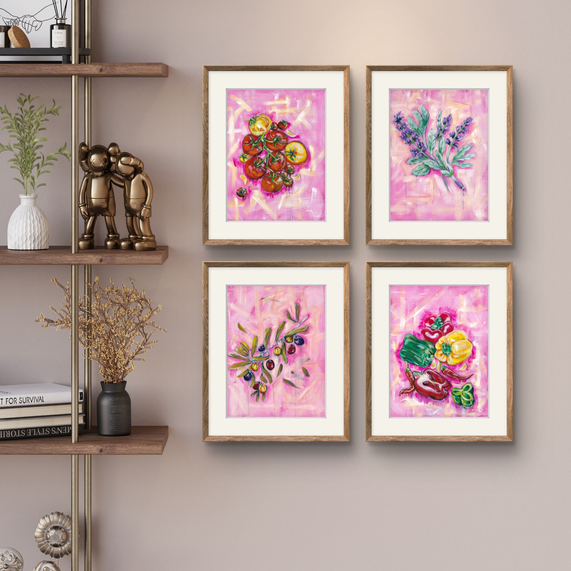Four framed Mediterranean food artworks by Luna Burlo on a wall with decorative shelves below.