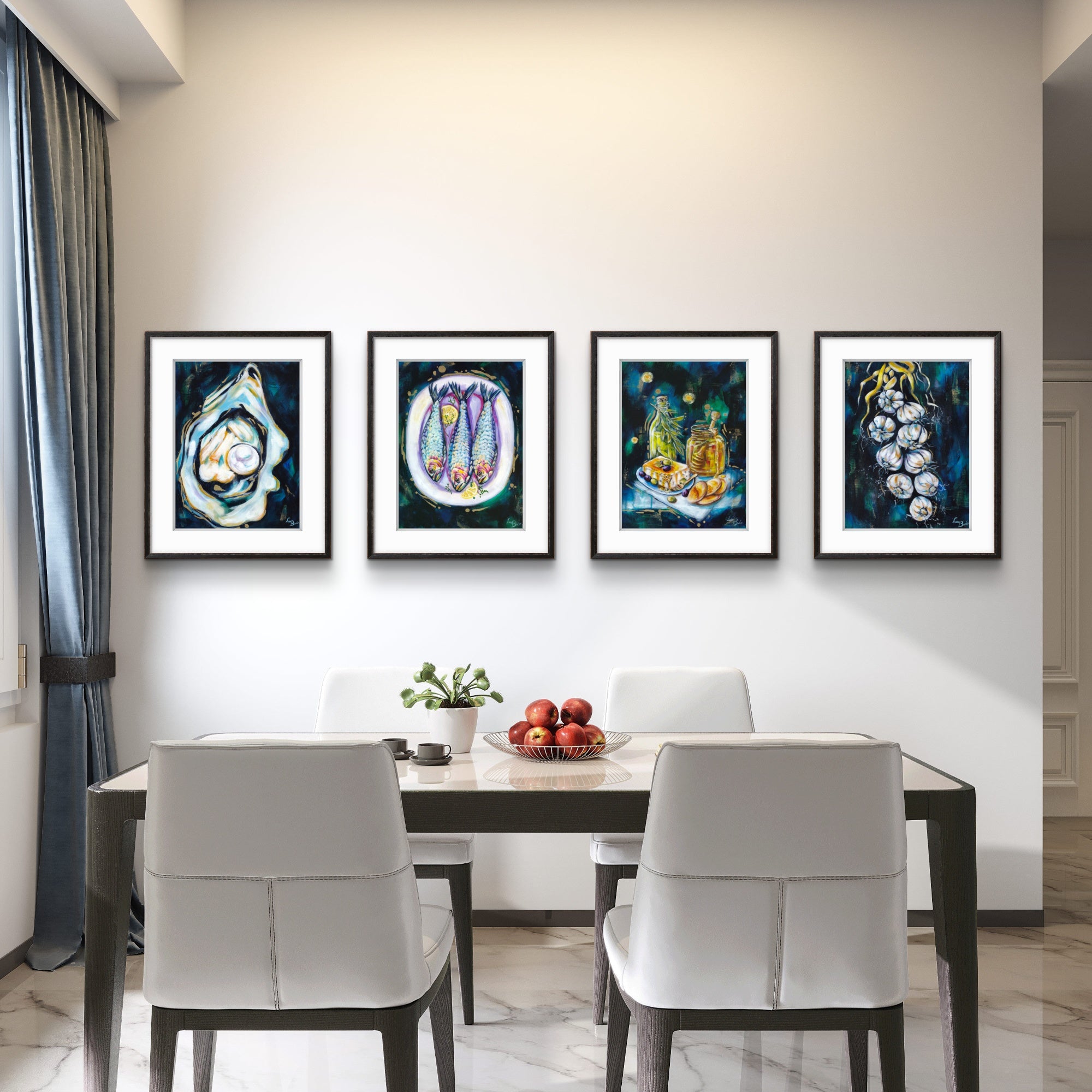 Dining room with a table and chairs, and four framed Luna Burlo artworks on the wall.