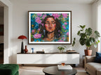 Living room with a colorful painting of a woman's face surrounded by flowers on the wall.