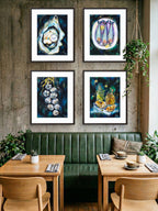 Dining area with green booth, wooden tables, chairs, and Luna Burlo wall art depicting oysters and bottles.