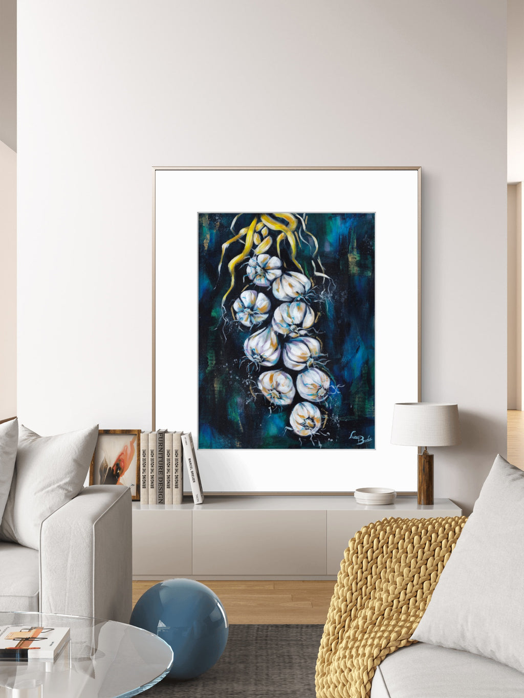 Framed abstract Luna Burlo painting in a modern living room setting