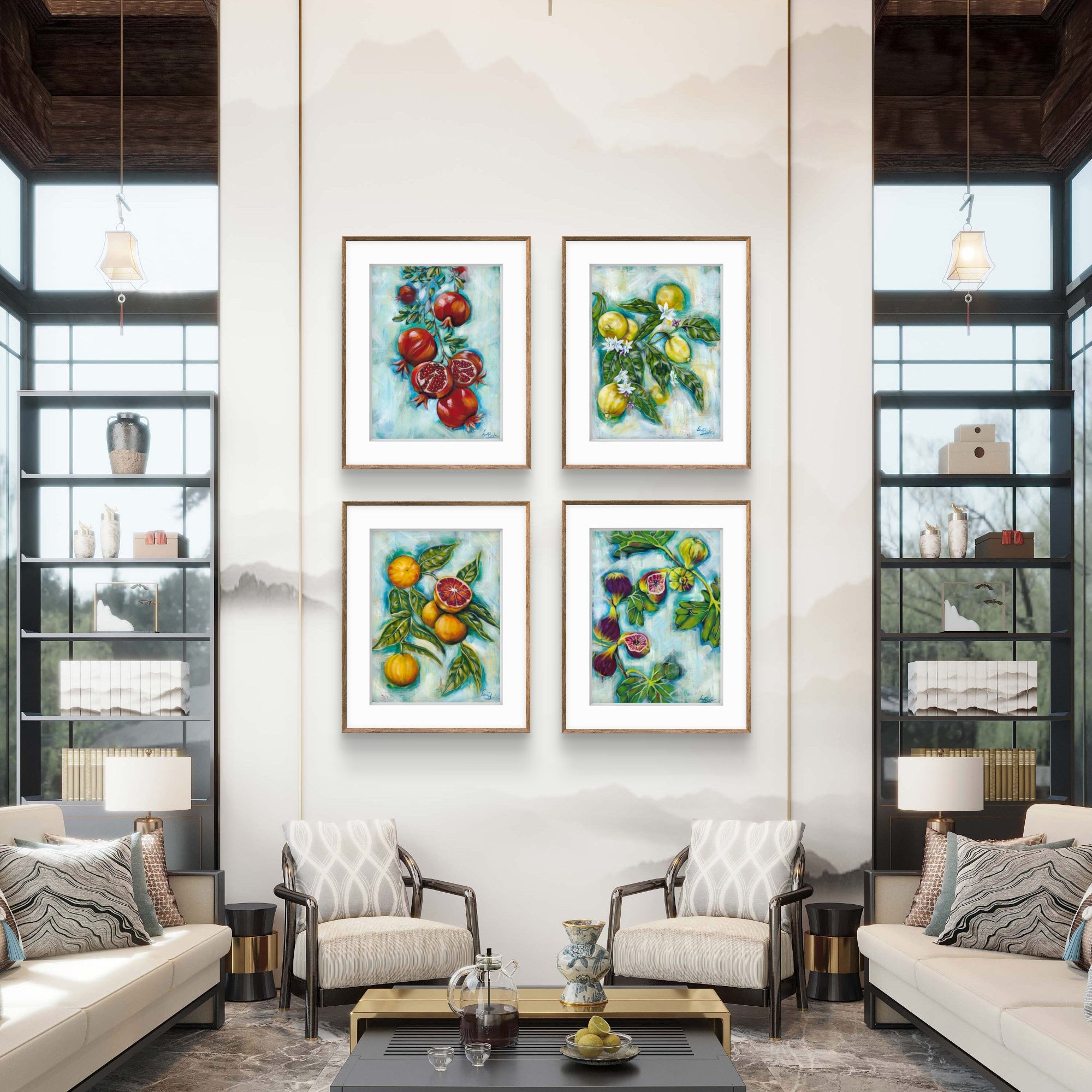 Living room with four framed Luna Burlo artworks on the wall, two lamps on either side, and a coffee table with decorative items.