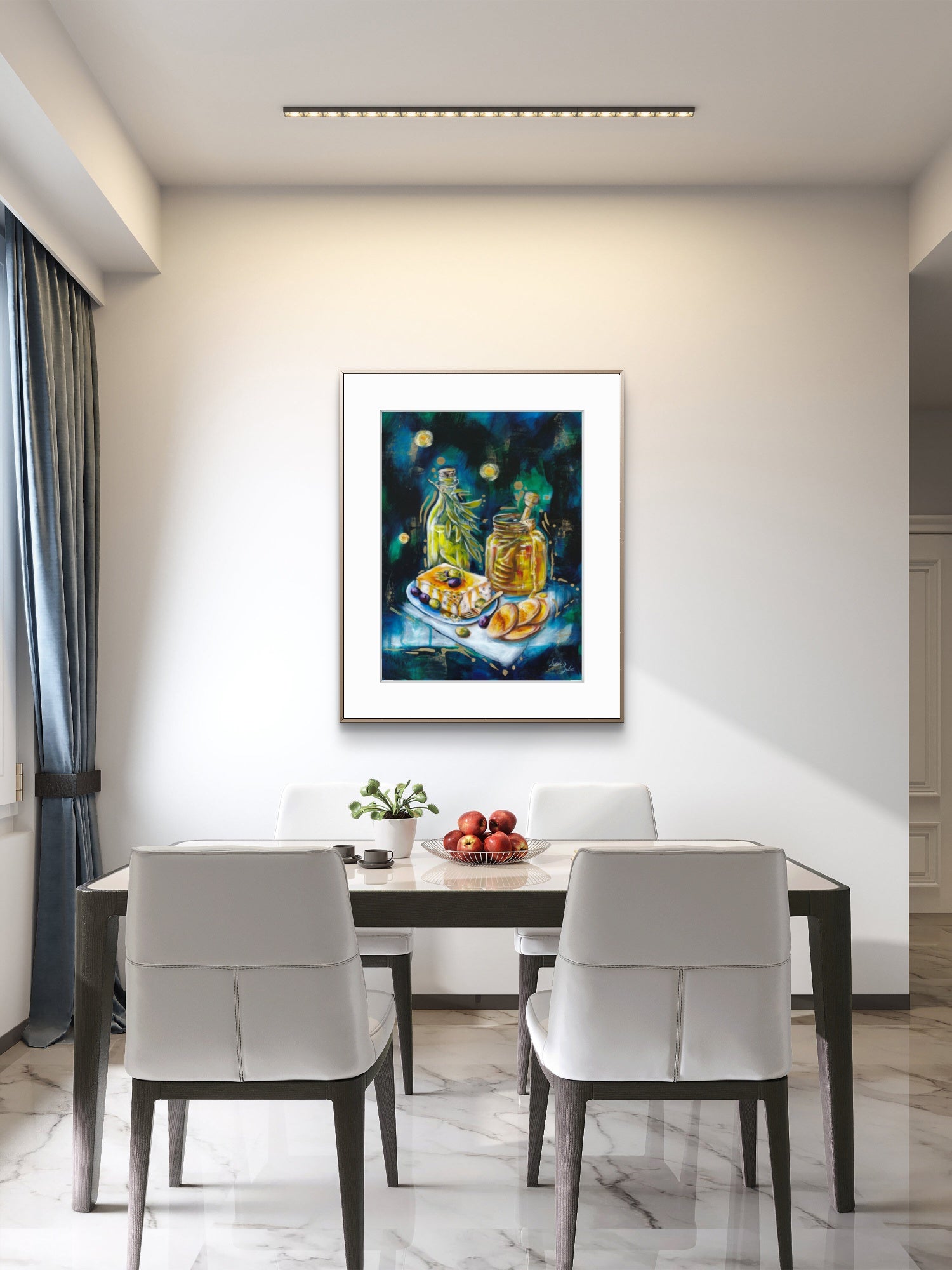 Modern dining room with a table, chairs, and a dramatic Luna Burlo painting on the wall.