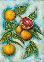 Luna Burlo fine art paper print artwork of Blood Oranges from series "Mediterranean Table". A2, A3, A4 scale size for print

Colorful abstract food art with orange fruit, vibrant green leaves, and turquoise blue background. Rectangle vertical or portrait orientation. Made in Melbourne, Australia 