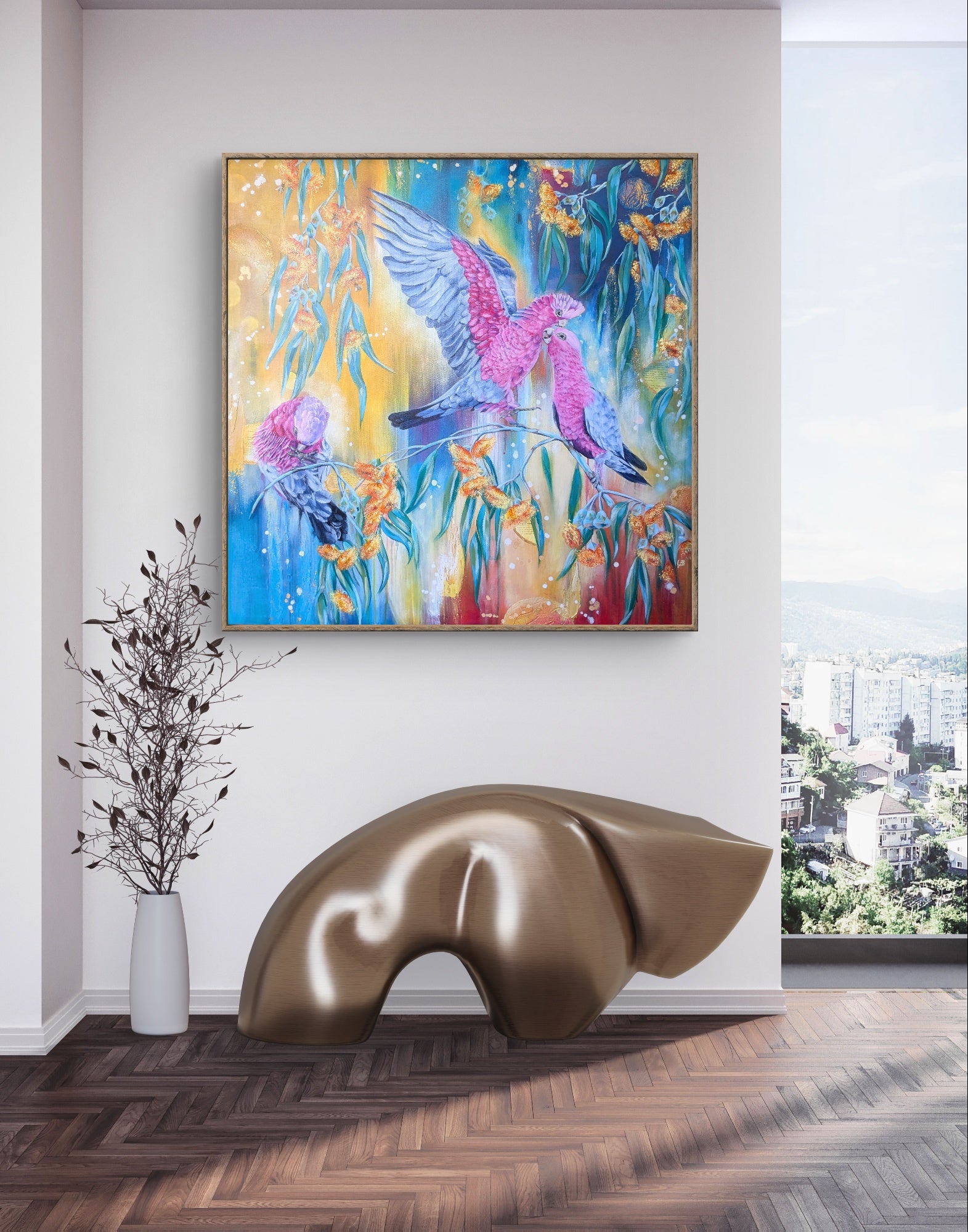 Large, textured, colorful Luna Burlo mixed media abstract painting or print of Galah birds and eucalyptus flowers on a feature wall above a modern sculpture. Melbourne, Australia
