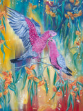 Colorful fine art canvas print of painting of two pink Australian galahs on a gum tree branch with eucalyptus flowers and leaves. Artist: Luna Burlo, Melbourne, Australia