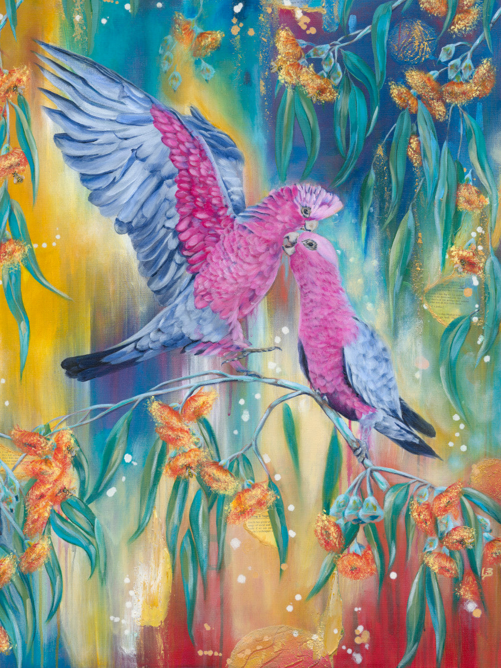 Colorful fine art canvas print of painting of two pink Australian galahs on a gum tree branch with eucalyptus flowers and leaves. Artist: Luna Burlo, Melbourne, Australia