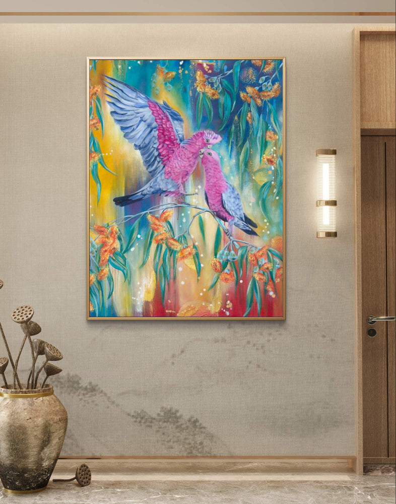 Colorful abstract fine art canvas print of a Luna Burlo painting of an Australian Native galah bird and gum tree flowers on a hallway statement wall in a hotel or corporate office corridor. Red, blue, yellow background, with rectangle vertical or tall portrait orientation. From Melbourne, Australia