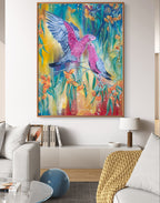 Colorful Luna Burlo fine art canvas print of Australian native galah bird painting with bright blue, yellow, red background on a wall in a living room. Art by Lunba Burlo, Melbourne, Australia