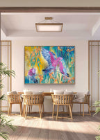 Modern sining room with a large colorful abstract fine art canvas print of a painting of three Australian galah birds on the wall. Art by Luna Burlo, Melbourne
