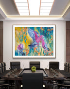 Colorful abstract canvas fine art print of a painting of Native Australian galah birds and plants in a modern office boardroom corporate setting. Art by Luna Burlo