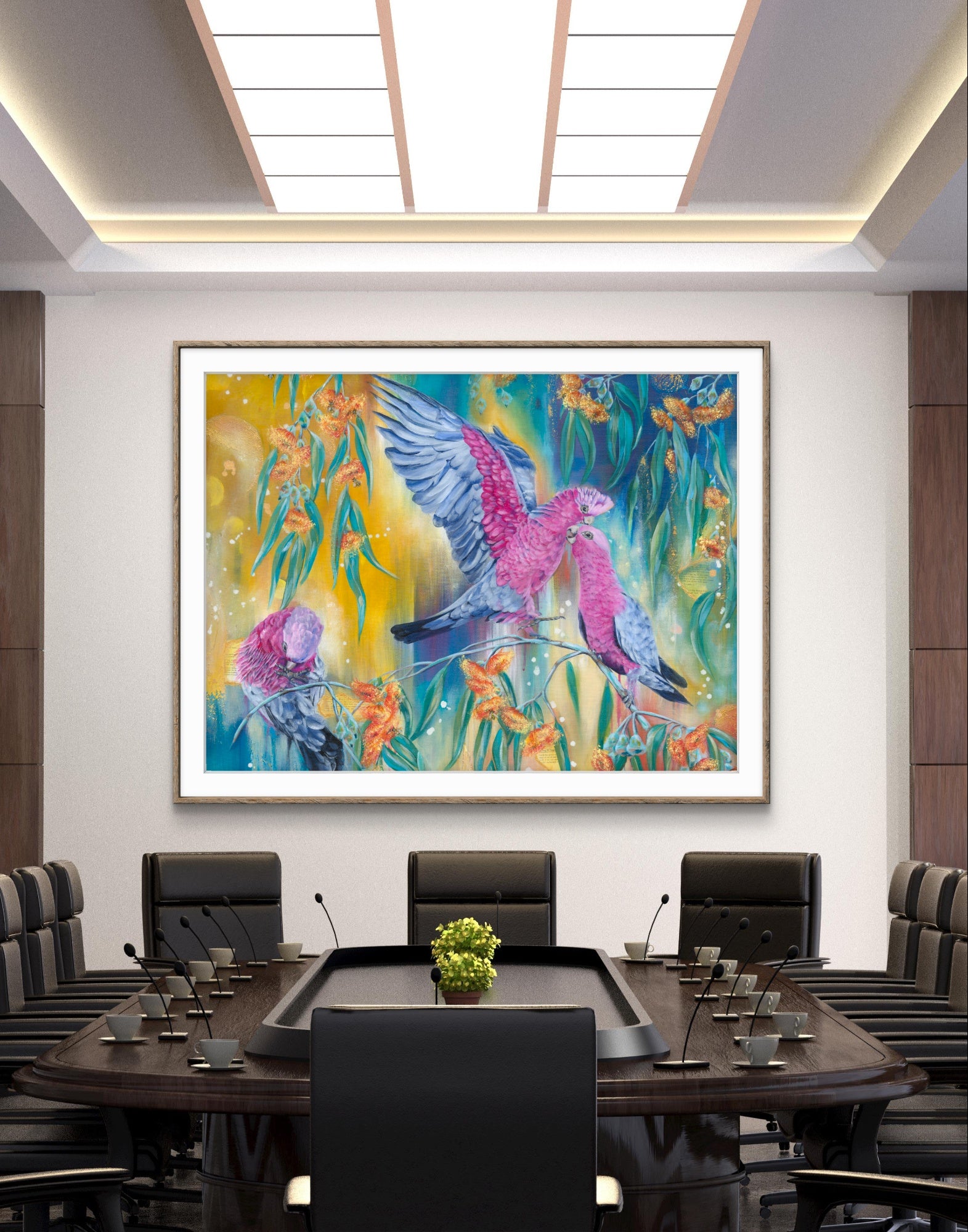 Colorful abstract canvas fine art print of a painting of Native Australian galah birds and plants in a modern office boardroom corporate setting. Art by Luna Burlo