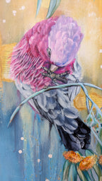 Colorful pink galah parrot painting with a soft focus abstract background in yellow gold and blue, with textured collage details. Artwork by Luna Burlo, Melbourne, Australia