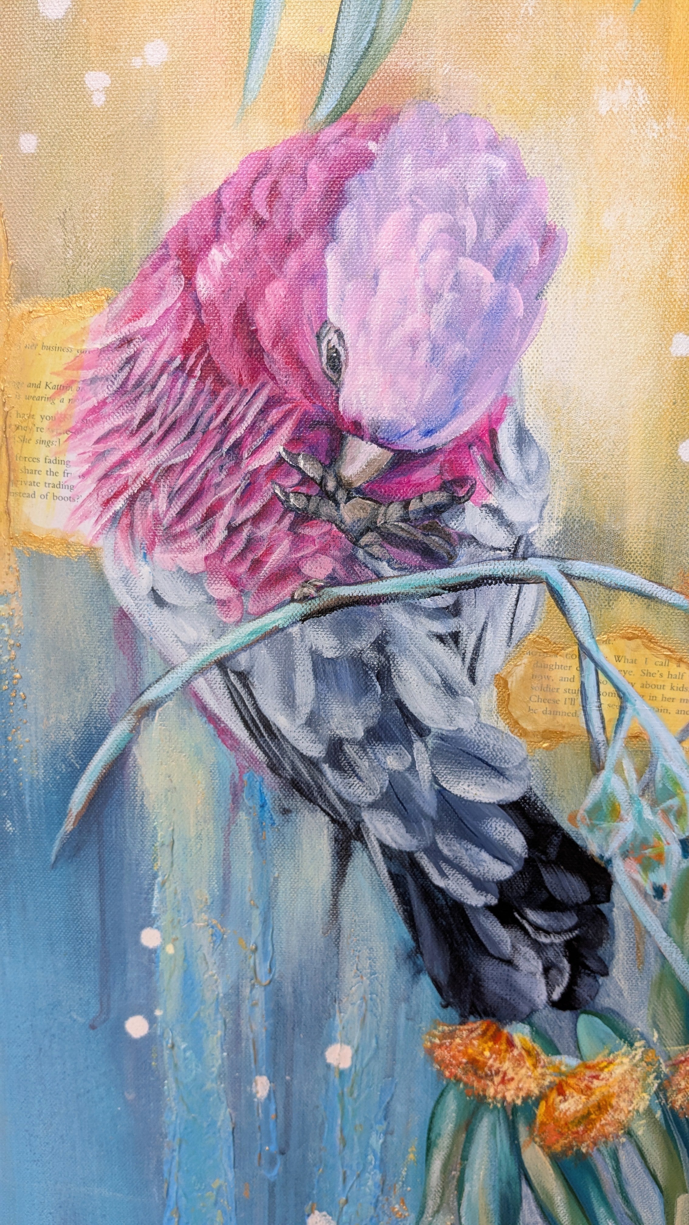 Colorful pink galah parrot painting with a soft focus abstract background in yellow gold and blue, with textured collage details. Artwork by Luna Burlo, Melbourne, Australia