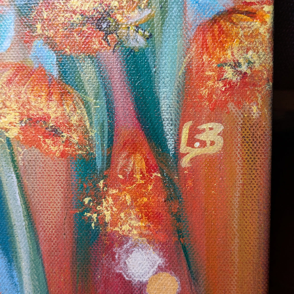 Close-up of "Blush in the Branches" a painting or fine art print with abstract Native Australian floral elements and a signature by Melbourne artist, Luna Burlo, in the corner.