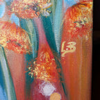 Close-up of "Blush in the Branches" a painting or fine art print with abstract Native Australian floral elements and a signature by Melbourne artist, Luna Burlo, in the corner.