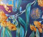 Artistic depiction of flower blossoms and eucalyptus gum leaves with a blue background, gold, and collage. Art by Luna Burlo, Melbourne, Australian made