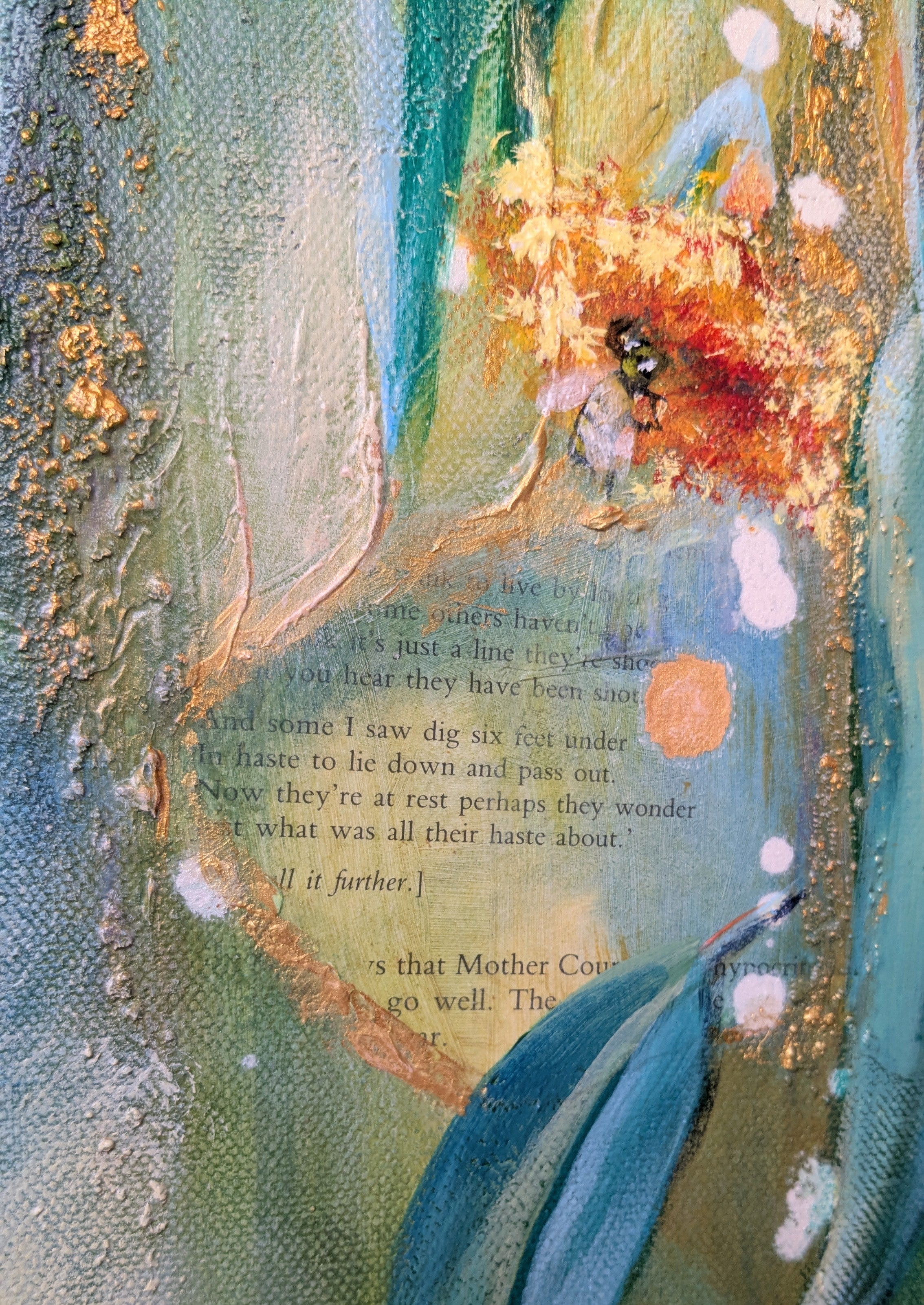 Artistic depiction of a flower with collage text overlay on a textured background. Art by Luna Burlo, Melbourne, Australian made.