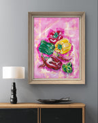 Framed Luna Burlo food art abstract painting of colorful peppers or capsicums, red chillies, and garlic cloves on a grey wall above a wooden console table.

Fine art paper print or her original acrylic artwork of "Capsicums" from series "Mediterranean Table".

Colorful abstract food art with green, bright red, and glowing yellow vegetables on a fun textured pink background. Rectangle vertical or portrait orientation. Made in Melbourne, Australia