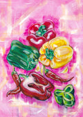 Colorful peppers chillies,and garlic cloves in a Luna Burlo food art piece.

Fine art paper print or her original acrylic artwork of "Capsicums" from series "Mediterranean Table". a2-a3-a4-size available

Colorful abstract food art with green, bright red, and glowing yellow vegetables on a fun textured pink background. Rectangle vertical or portrait orientation. Made in Melbourne, Australia